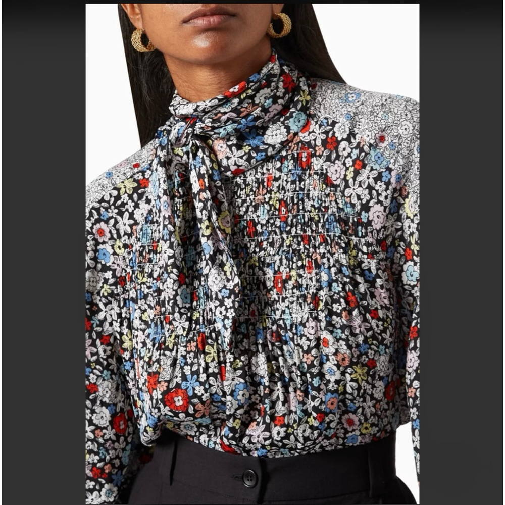 See By Chloé Floral Smocked High Neck Blouse Black White Size 36